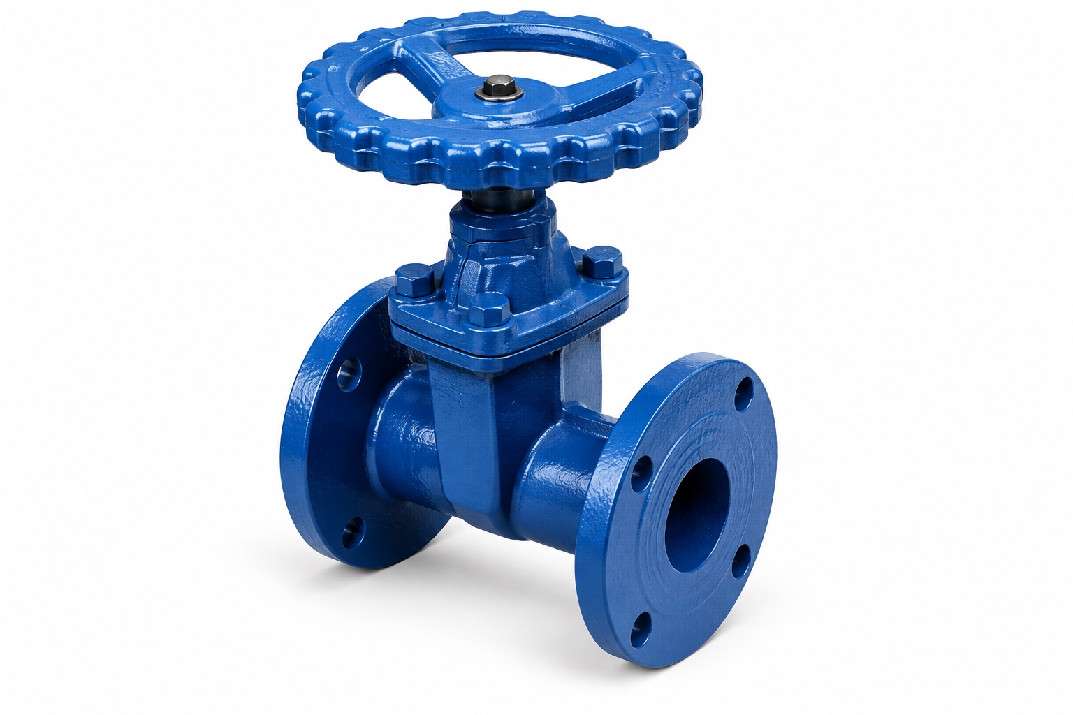 Ilustrasi gate valve besi tuang biru dengan roda putar dan flange, berdasarkan brosur DENYA