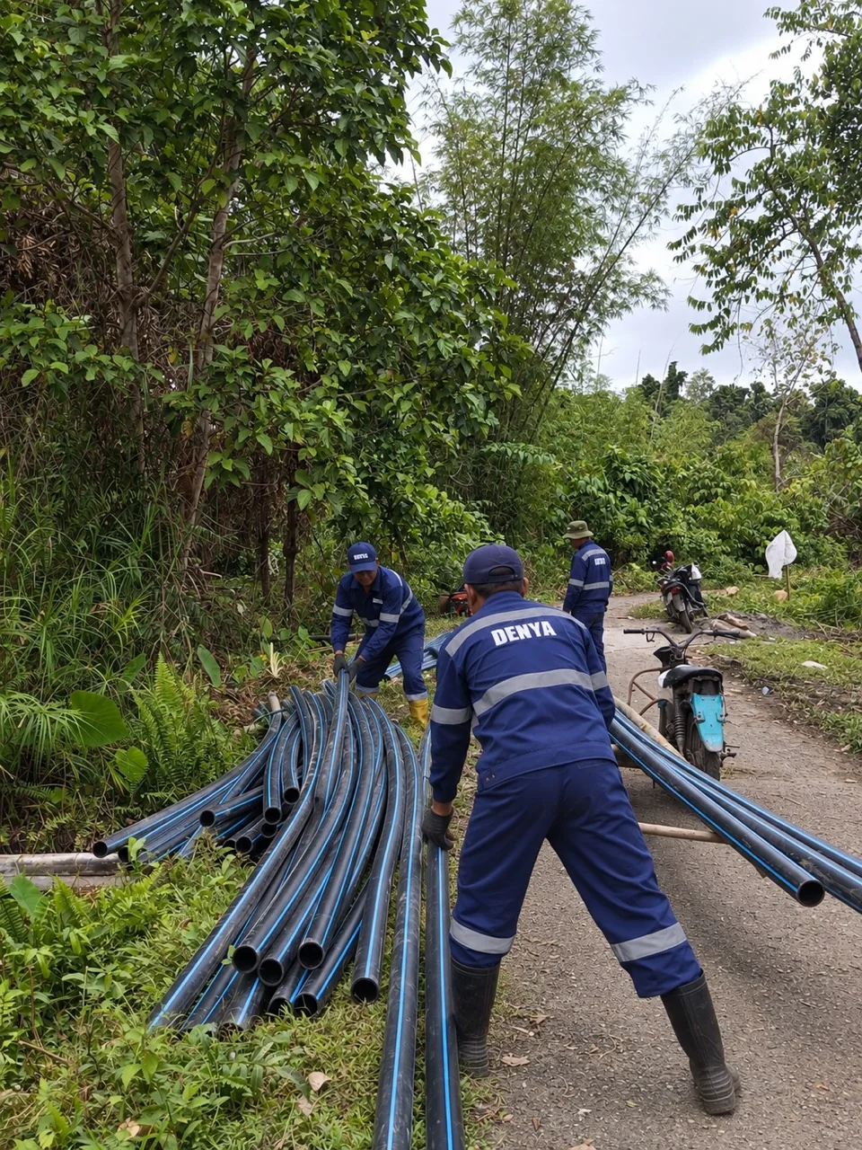 Tim berseragam DENYA menangani pipa HDPE di area bervegetasi Leubang Hulu