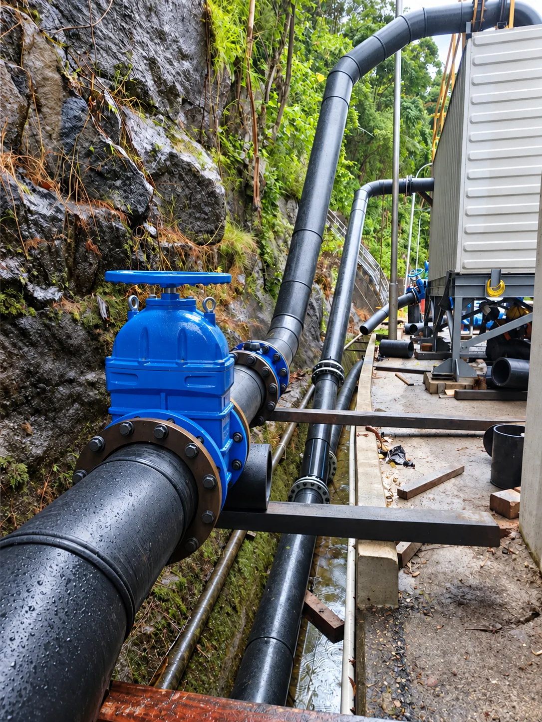 Ilustrasi valve biru dan sambungan stubflange (stub end + flange) pipa HDPE di kawasan Siguragura, Toba