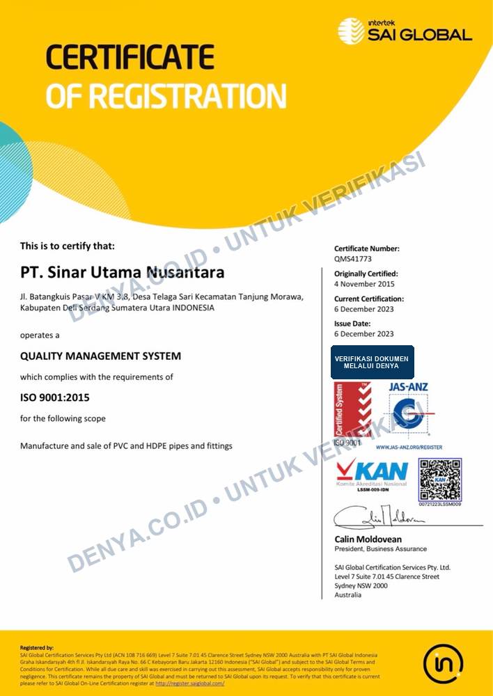 Preview sertifikat ISO 9001:2015 PT Sinar Utama Nusantara